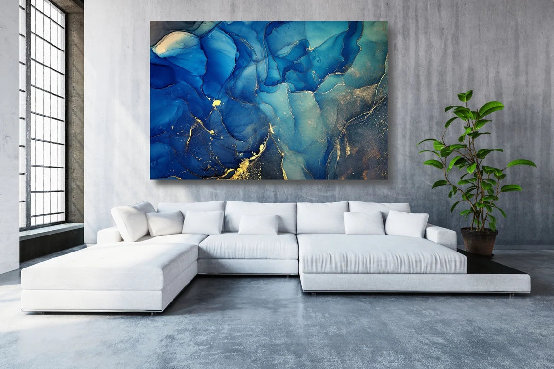 Blue & Gold Abstract Art Acrylic Glass Print Tempered Glass Wall Art 100% Made in Australia Ready to Hang