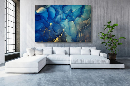 Blue & Gold Abstract Art Acrylic Glass Print Tempered Glass Wall Art 100% Made in Australia Ready to Hang