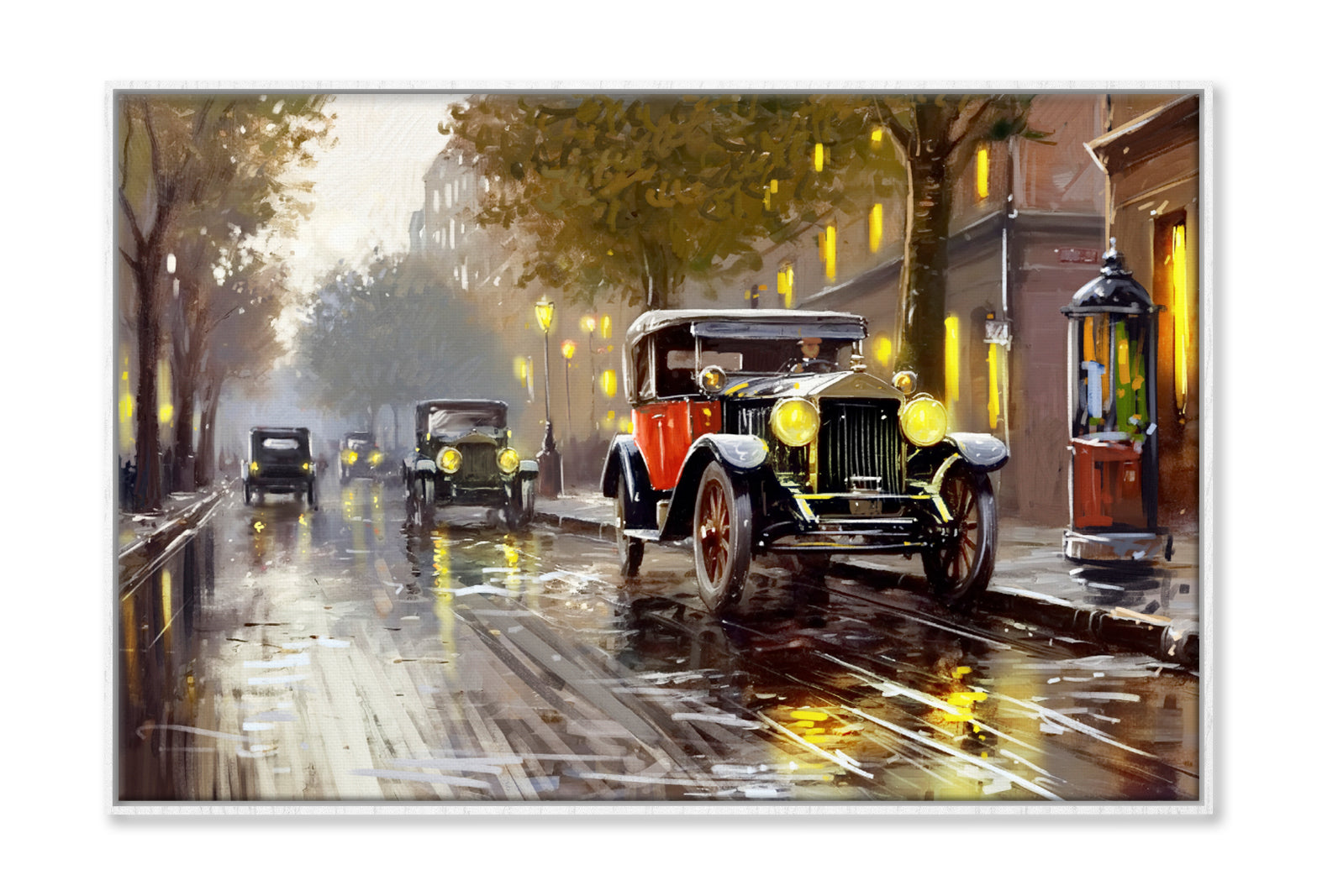 Old Cars on the City Street Oil Painting Wall Art Limited Edition High Quality Print Canvas Box Framed White