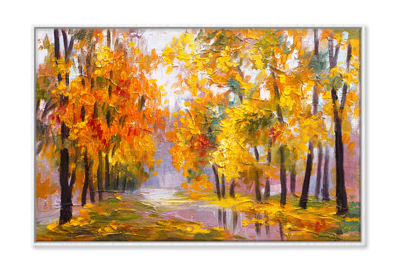 Autumn Forest with Fallen Leaves Trees Oil Painting Wall Art Limited Edition High Quality Print Canvas Box Framed White