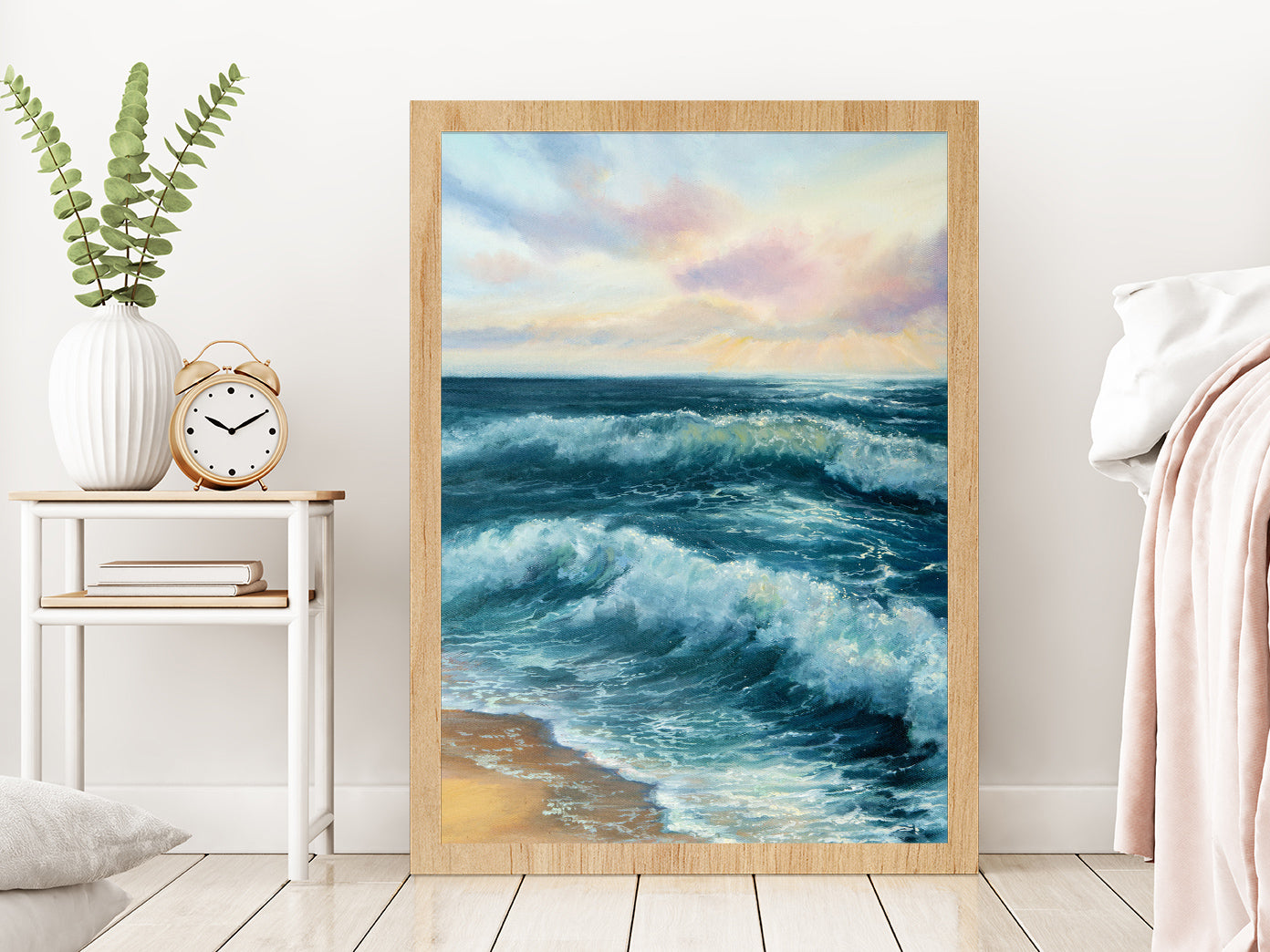 Ocean Beach Waves Watercolor Oil Painting Glass Framed Wall Art, Ready to Hang Quality Print Without White Border Oak