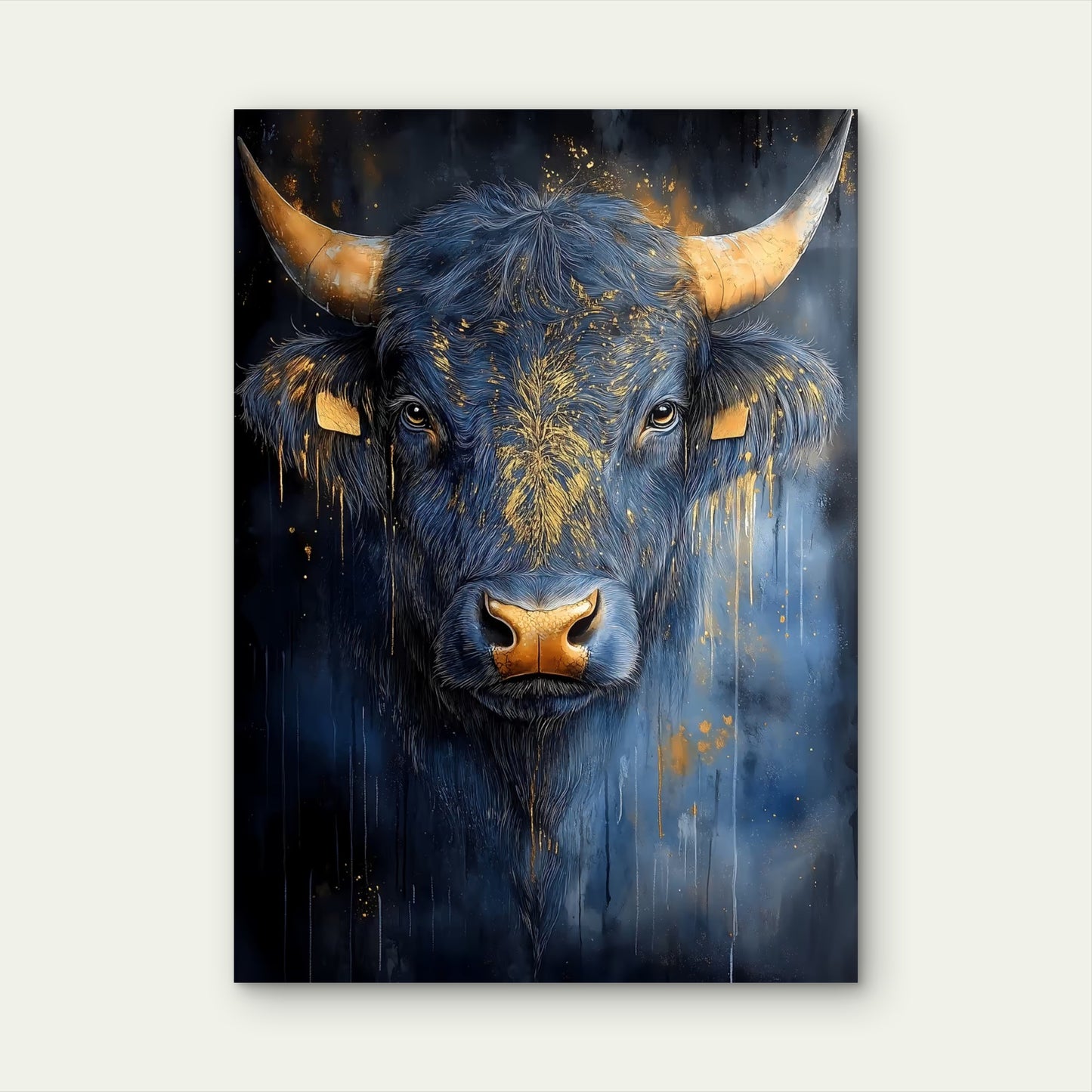 Abstract Gold Horn Blue Bull 40x60cm Metal Print Ready to Hang - Bella Home Decor