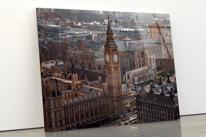 Aerial View Of Big Ben and London Cityscape, View from Above, Dramatic Sky Acrylic Glass Print Tempered Glass Wall Art 100% Made in Australia Ready to Hang