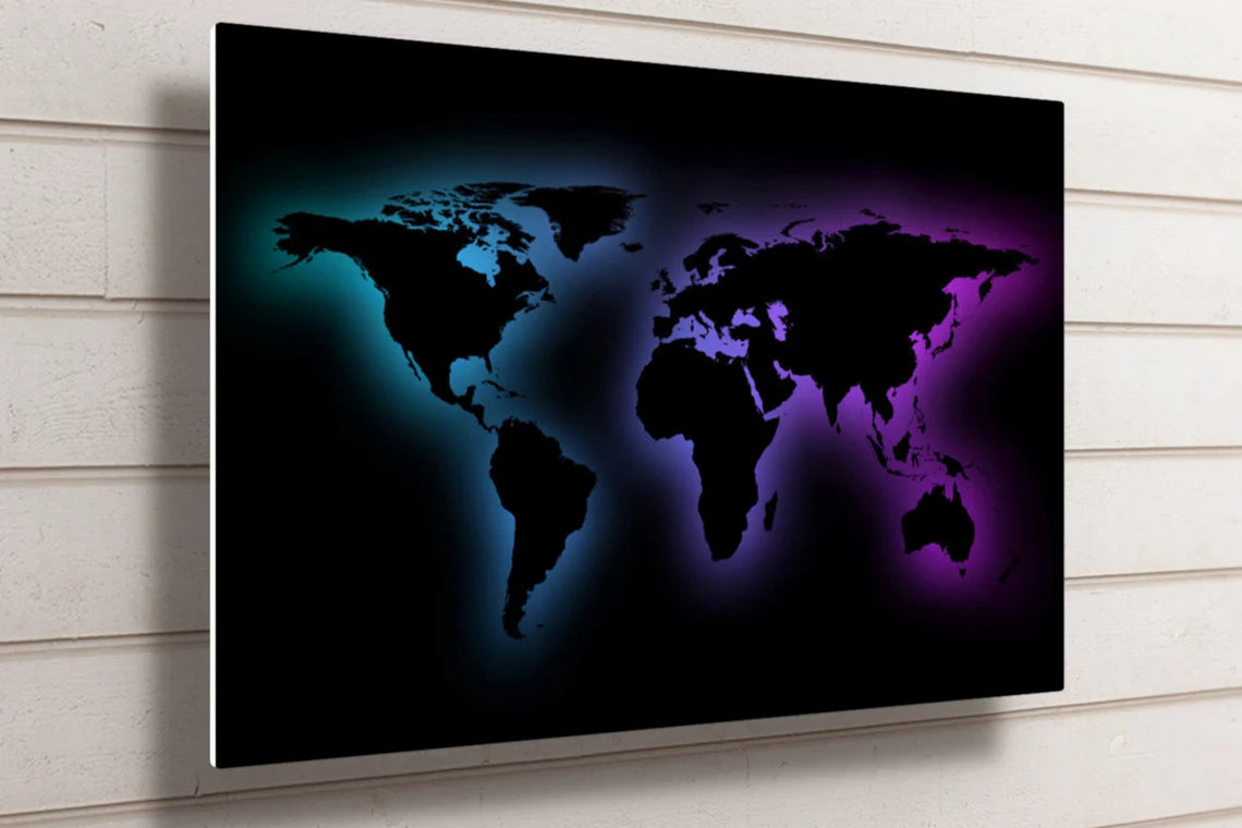 Black World Map UV Direct Aluminum Print Australian Made Quality