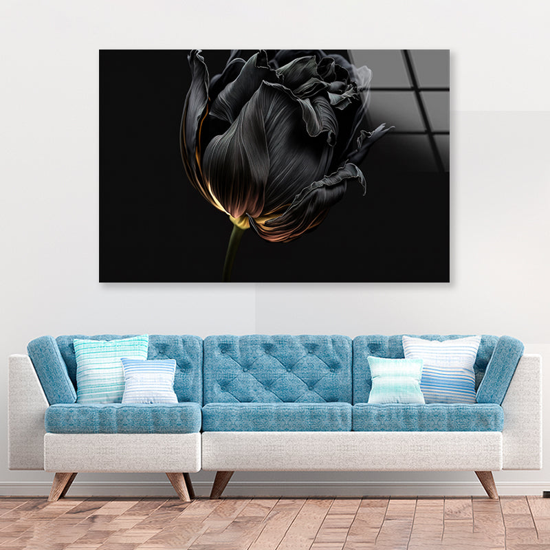 Striking Black Flower with a Vibrant Yellow Acrylic Glass Print Tempered Glass Wall Art 100% Made in Australia Ready to Hang - Bella Home Decor