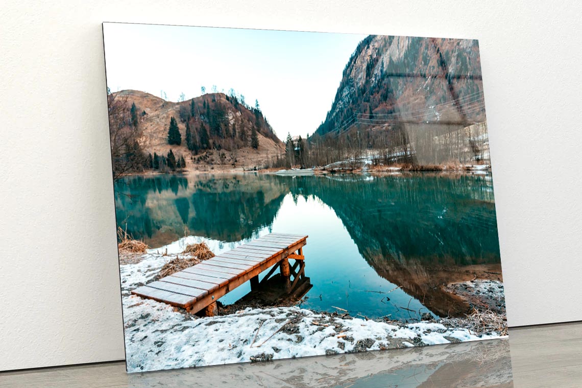 Mountain Lake Landscape & Wooden Pier Acrylic Glass Print Tempered Glass Wall Art 100% Made in Australia Ready to Hang - Bella Home Decor
