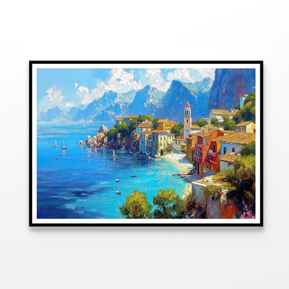 Seaside Town with Mountains & Houses Home Decor Premium Quality Poster Print Choose Your Sizes