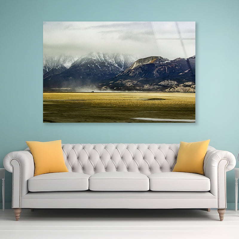 A Field with Mountains, Clouds, Snow, and Grass Acrylic Glass Print Tempered Glass Wall Art 100% Made in Australia Ready to Hang