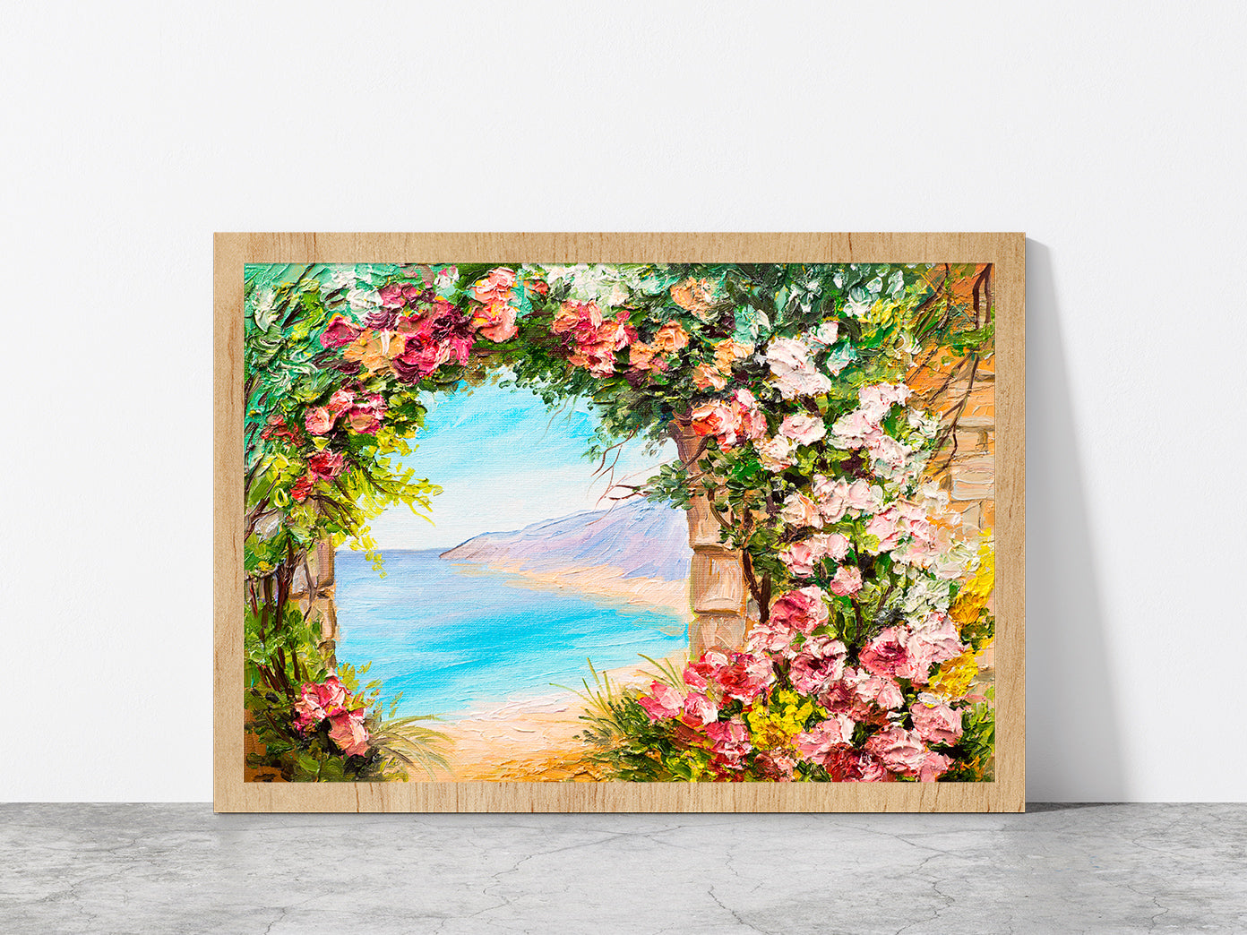 Flowers Arch Near The Sea Glass Framed Wall Art, Ready to Hang Quality Print Without White Border Oak