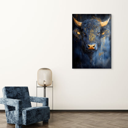 Abstract Gold Horn Blue Bull 40x60cm Metal Print Ready to Hang - Bella Home Decor