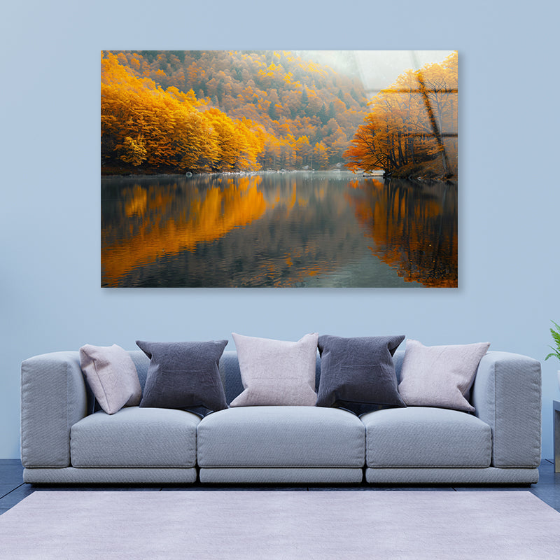 Serene Body of Water Surrounded by Trees in autumn Acrylic Glass Print Tempered Glass Wall Art 100% Made in Australia Ready to Hang
