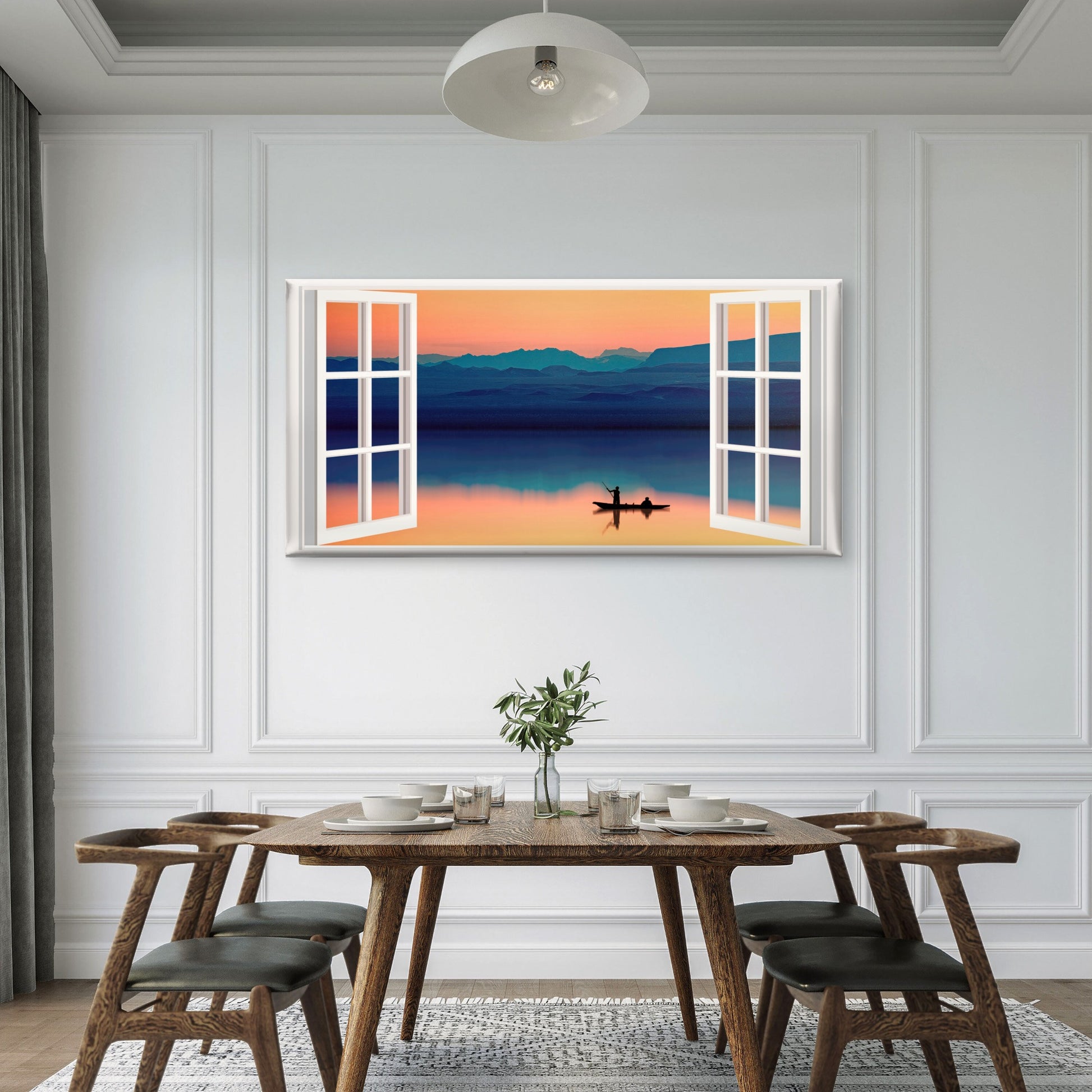 Sunset Lake Boat Silhouette Wall Art Canvas Office Home Room Framed 120x60cm - Bella Home Decor
