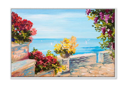 Terrace Near The Sea With Flowers Garden Oil Painting Wall Art Limited Edition High Quality Print Canvas Box Framed White