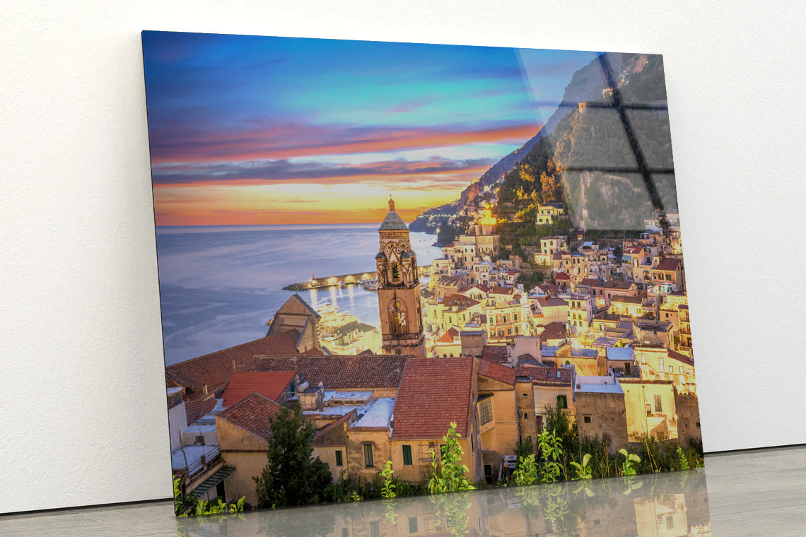 Blue & Orange Sky in Amalfi Coast Acrylic Glass Print Tempered Glass Wall Art 100% Made in Australia Ready to Hang - Bella Home Decor