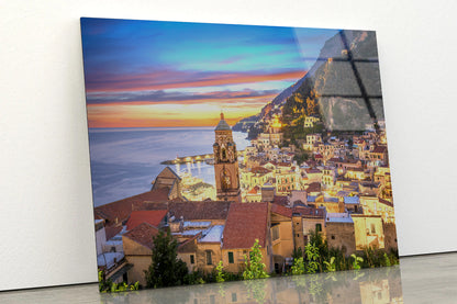 Blue & Orange Sky in Amalfi Coast Acrylic Glass Print Tempered Glass Wall Art 100% Made in Australia Ready to Hang - Bella Home Decor