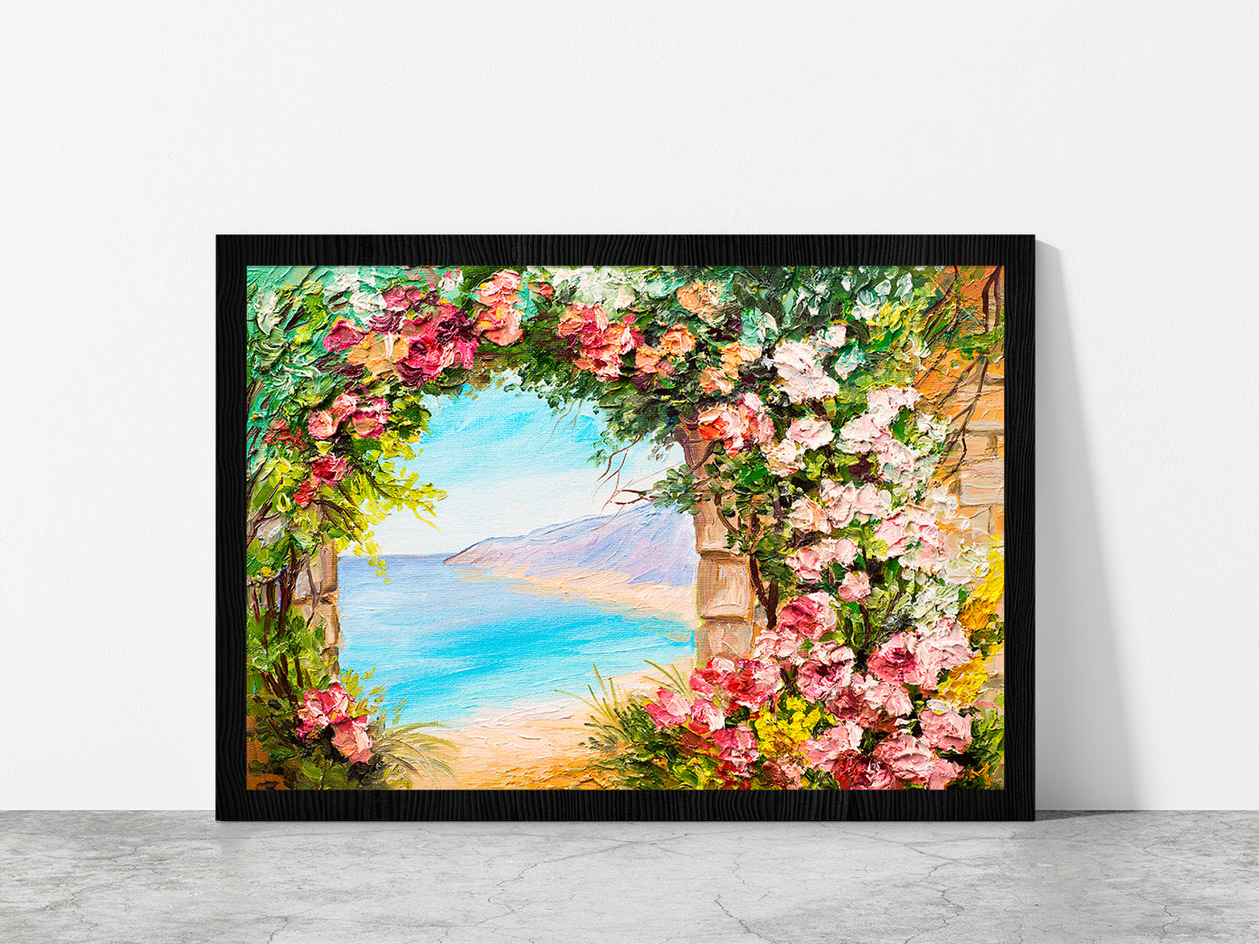 Flowers Arch Near The Sea Glass Framed Wall Art, Ready to Hang Quality Print Without White Border Black