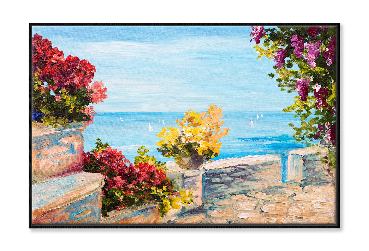 Terrace Near The Sea With Flowers Garden Oil Painting Wall Art Limited Edition High Quality Print Canvas Box Framed Black