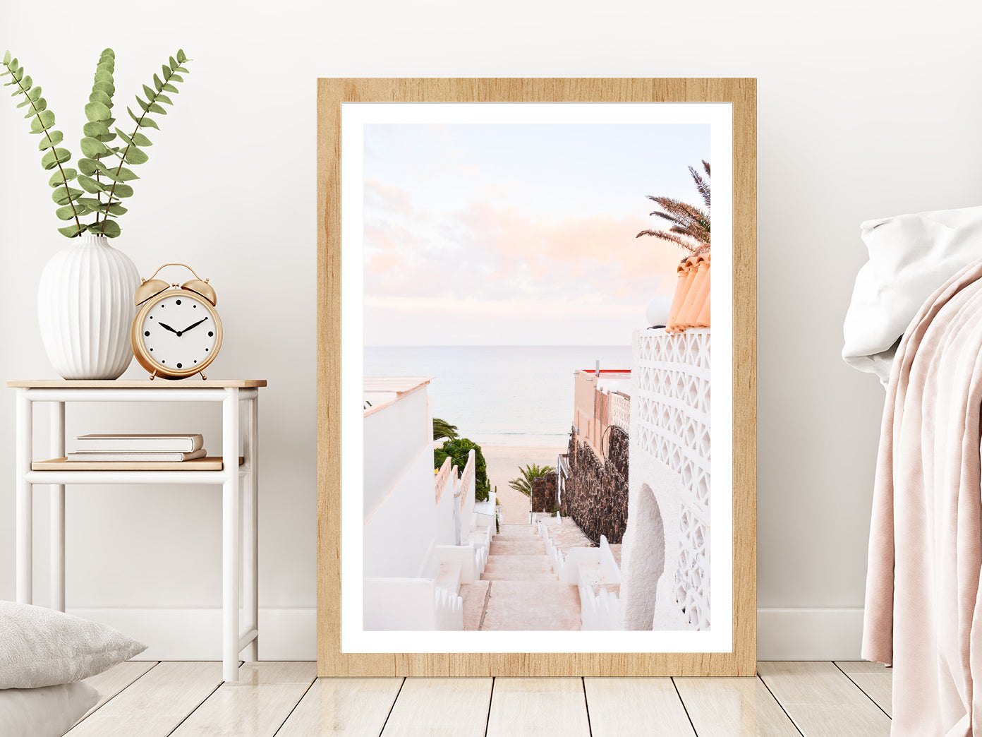 Stairs to Sea & House View Photograph Glass Framed Wall Art, Ready to Hang Quality Print With White Border Oak