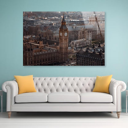 Aerial View Of Big Ben and London Cityscape, View from Above, Dramatic Sky Acrylic Glass Print Tempered Glass Wall Art 100% Made in Australia Ready to Hang