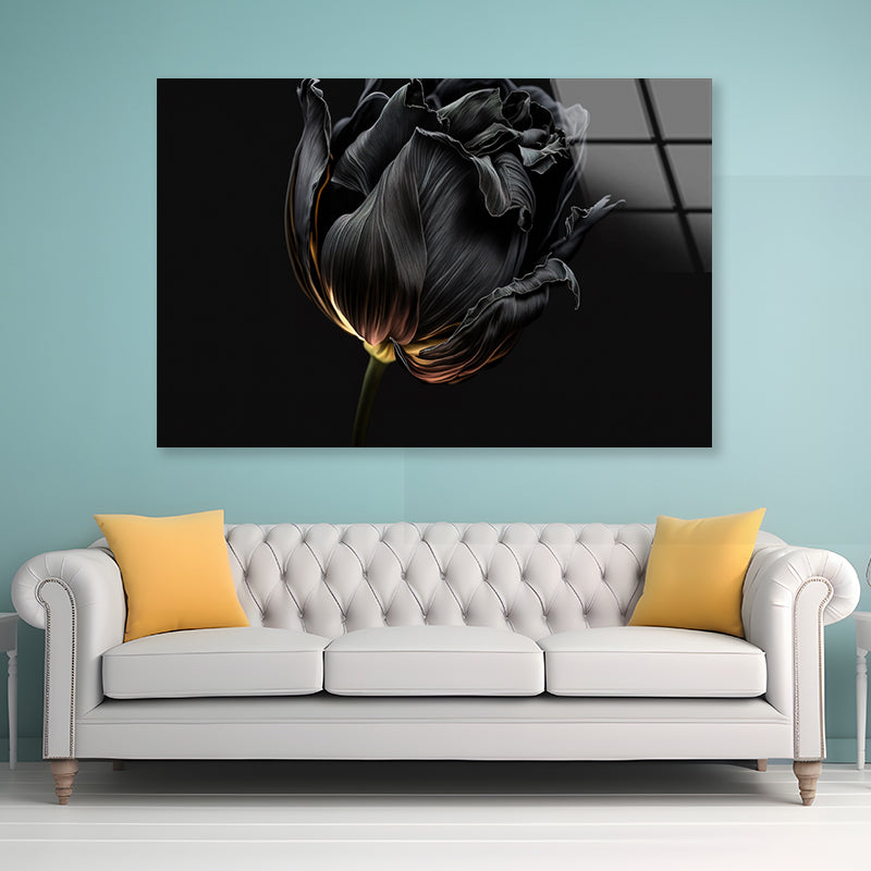 Striking Black Flower with a Vibrant Yellow Acrylic Glass Print Tempered Glass Wall Art 100% Made in Australia Ready to Hang - Bella Home Decor