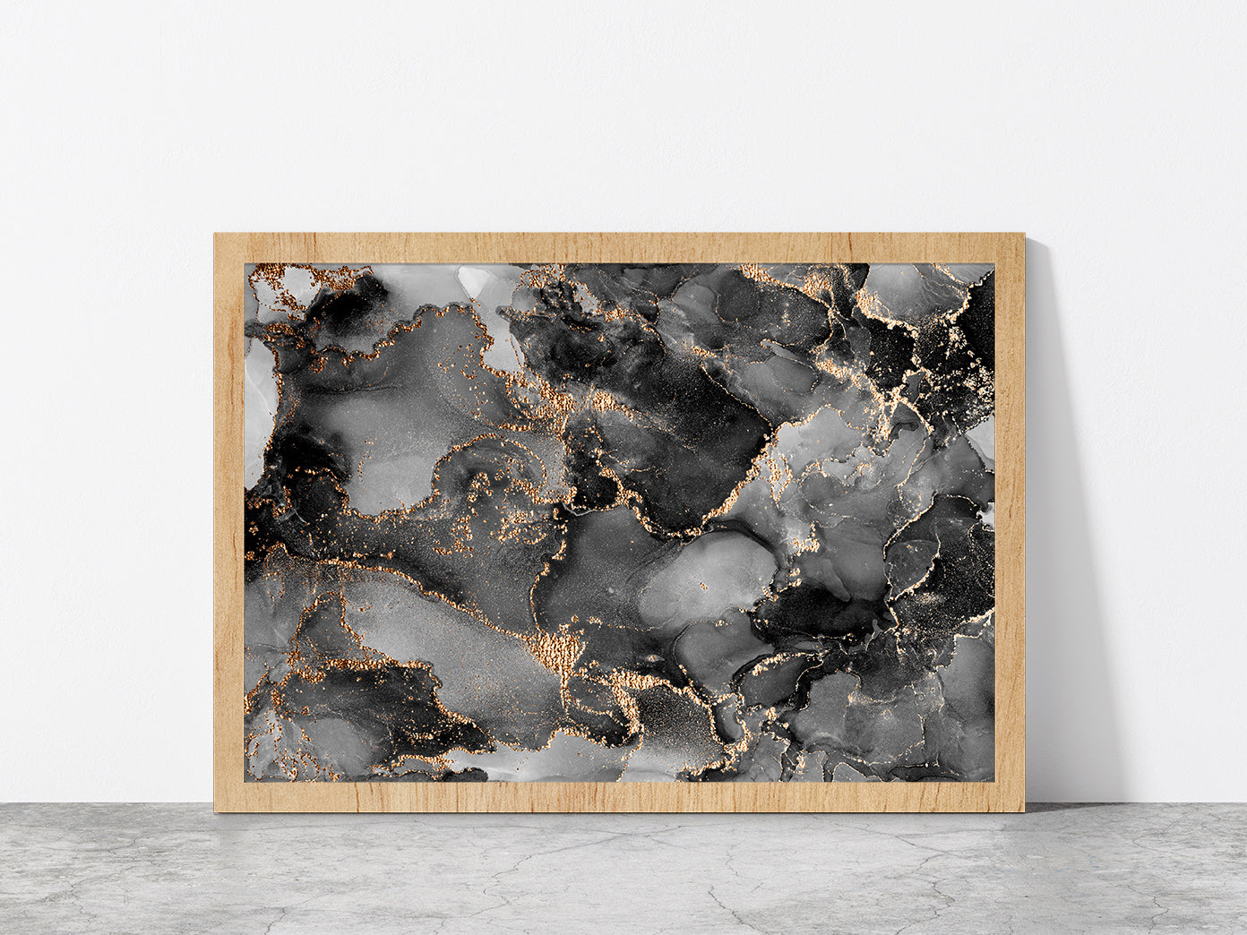 Alcohol Ink Grey & Gold Abstract Glass Framed Wall Art, Ready to Hang Quality Print Without White Border Oak