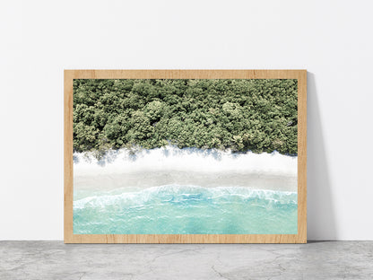 Forest near Beach Aerial View Photograph Glass Framed Wall Art, Ready to Hang Quality Print Without White Border Oak