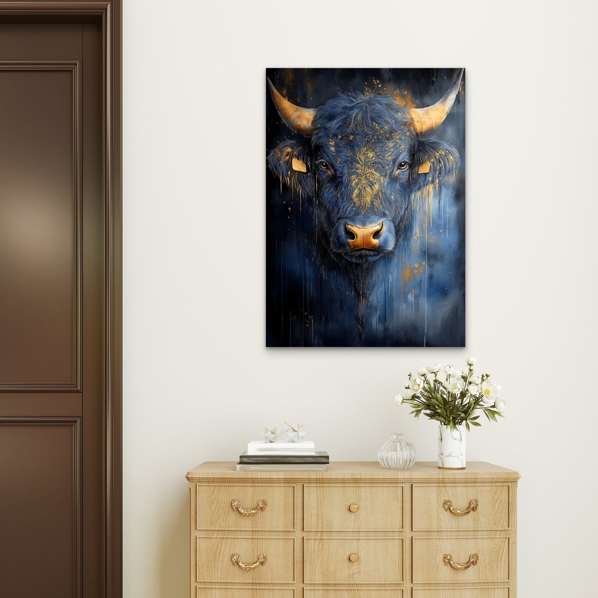 Abstract Gold Horn Blue Bull 40x60cm Metal Print Ready to Hang - Bella Home Decor