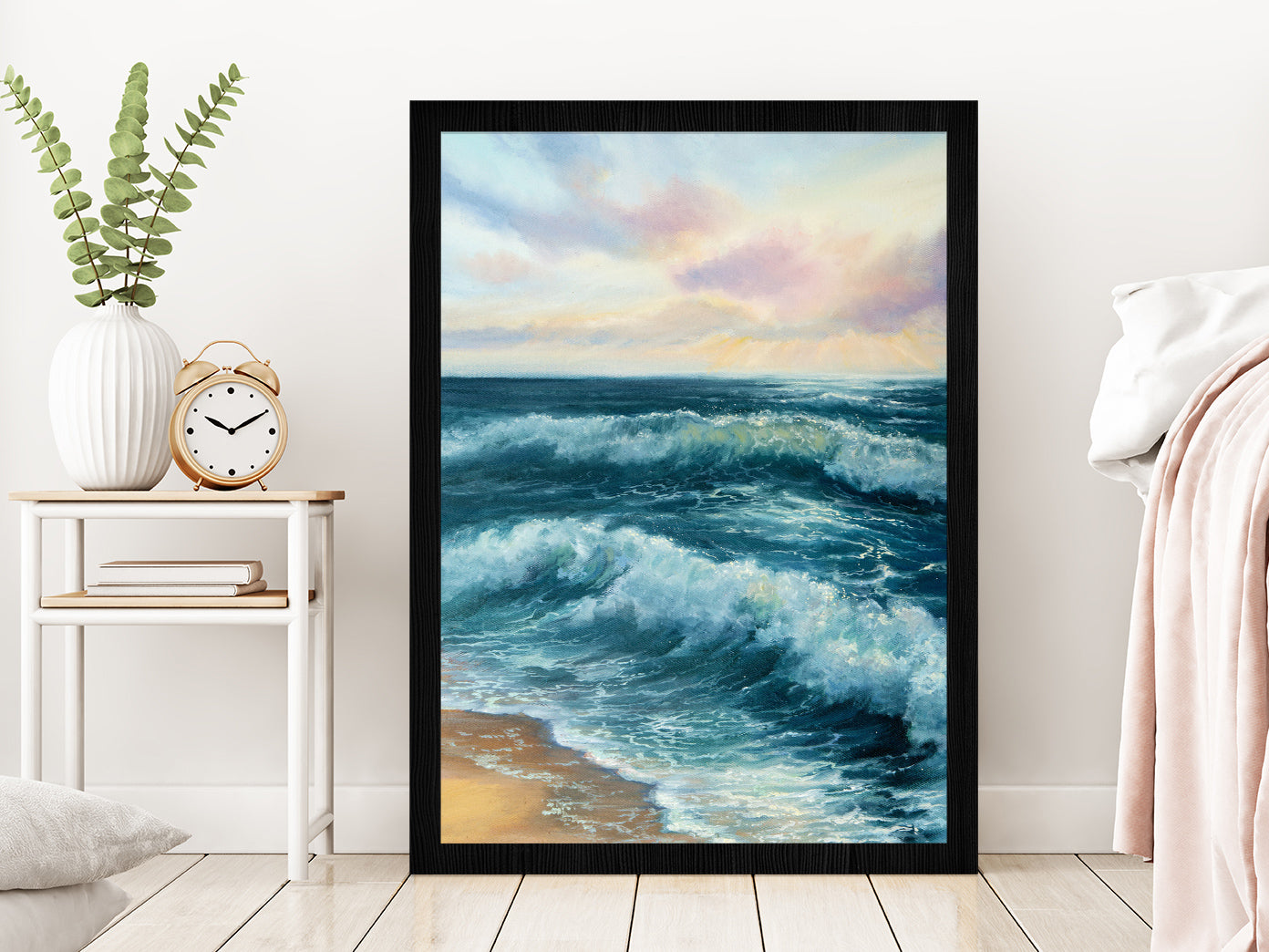 Ocean Beach Waves Watercolor Oil Painting Glass Framed Wall Art, Ready to Hang Quality Print Without White Border Black