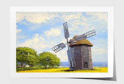 Green Trees near Windmill & Cloudy Sky Oil Painting Wall Art Limited Edition High Quality Print Unframed Roll Canvas None