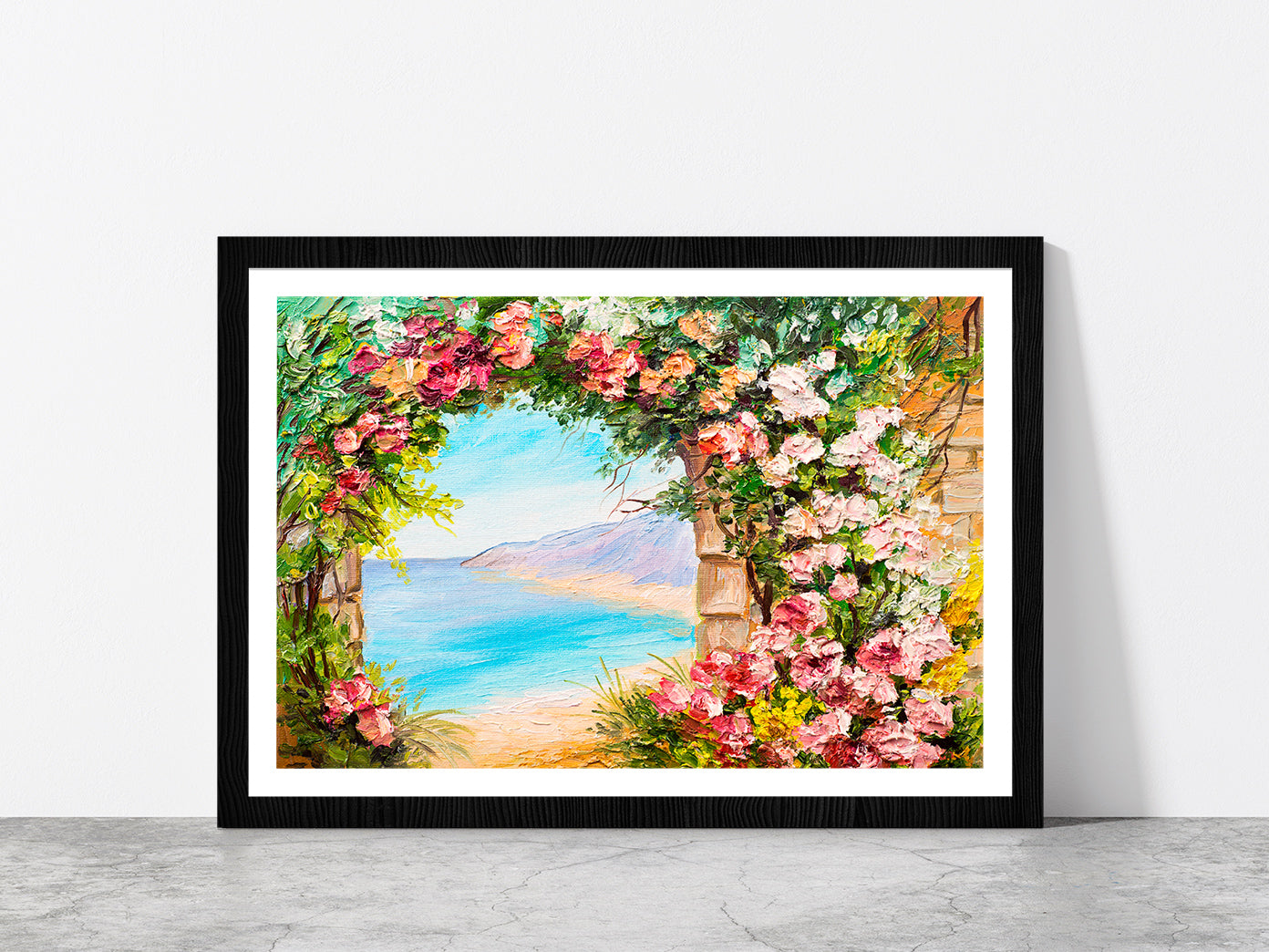 Flowers Arch Near The Sea Glass Framed Wall Art, Ready to Hang Quality Print With White Border Black