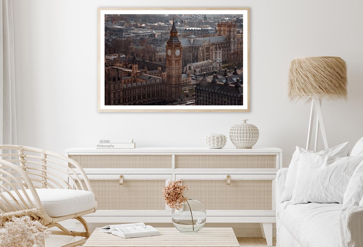 Aerial View Of Big Ben and London Cityscape, View from Above, Dramatic Sky Home Decor Premium Quality Poster Print Choose Your Sizes