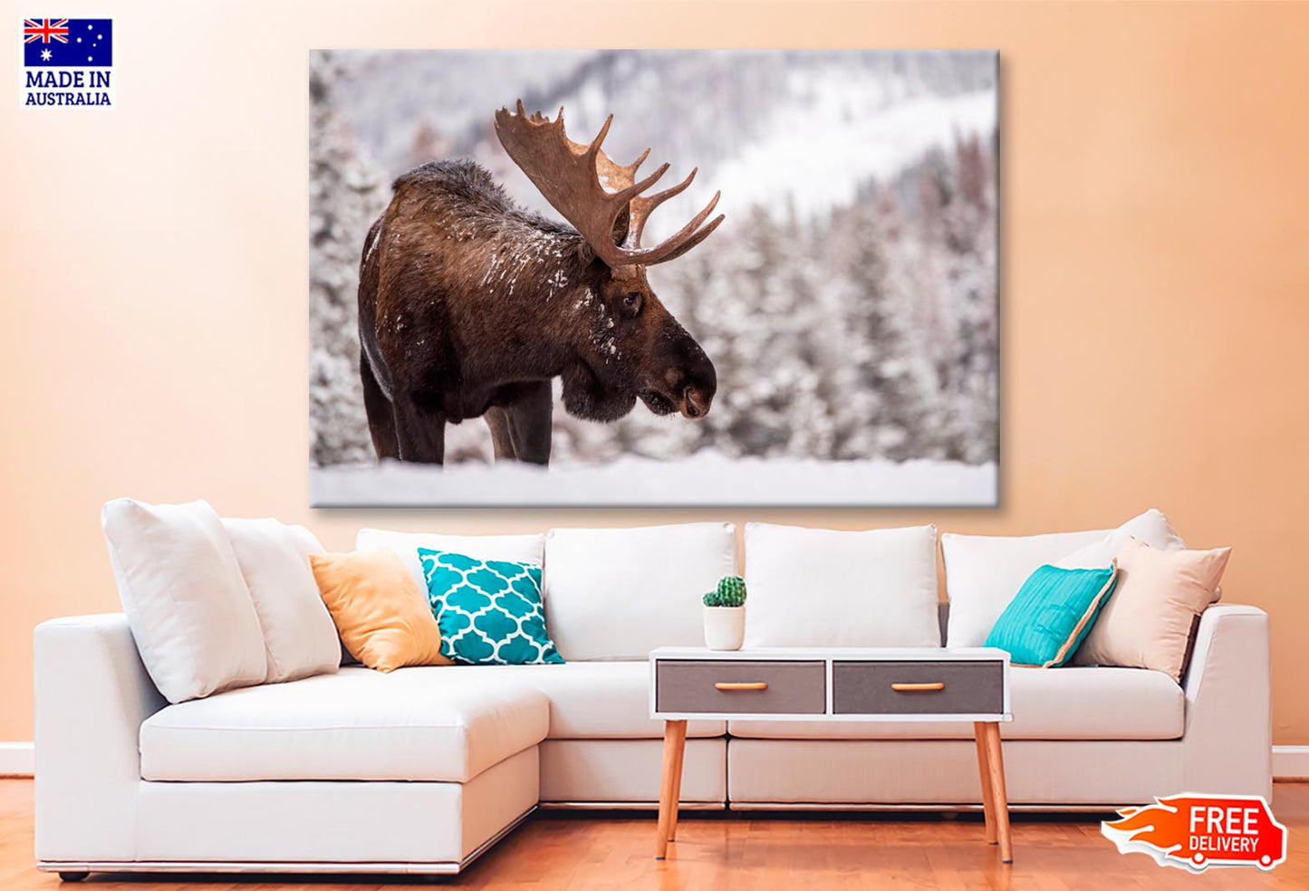 Bull Moose in Snow & Mountain Winter View Wall Art Decor 100% Australian Made - Bella Home Decor