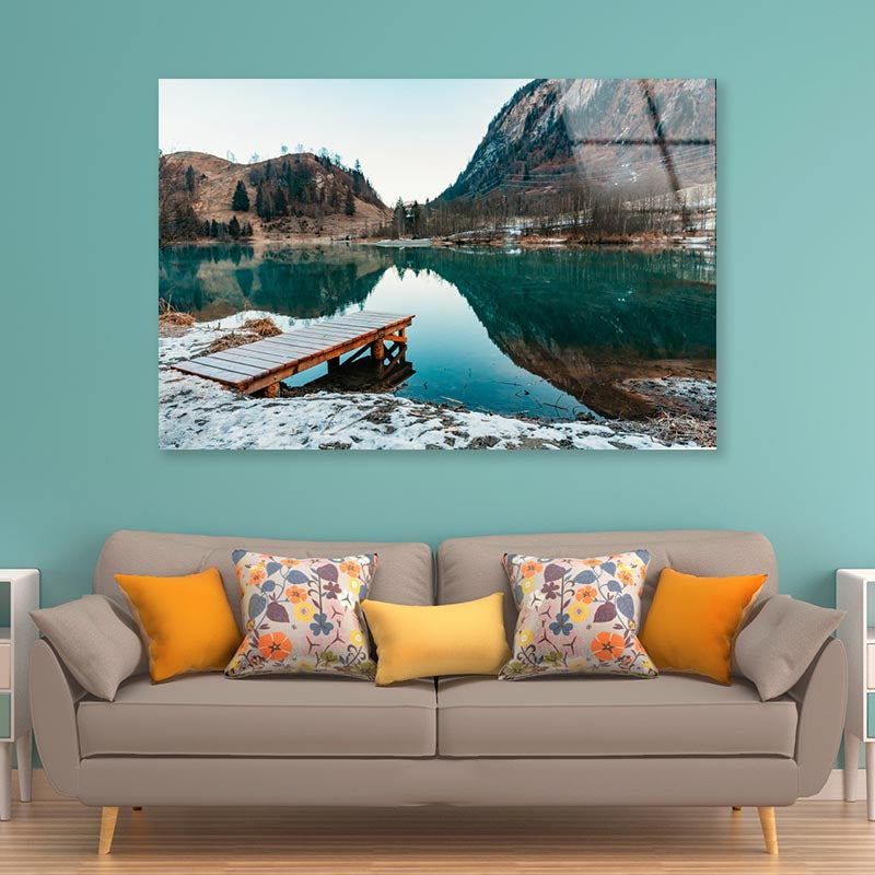 Mountain Lake Landscape & Wooden Pier Acrylic Glass Print Tempered Glass Wall Art 100% Made in Australia Ready to Hang - Bella Home Decor
