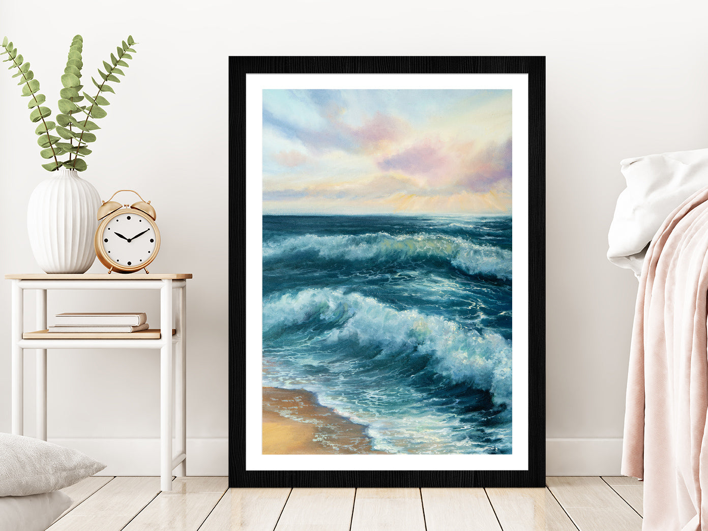 Ocean Beach Waves Watercolor Oil Painting Glass Framed Wall Art, Ready to Hang Quality Print With White Border Black