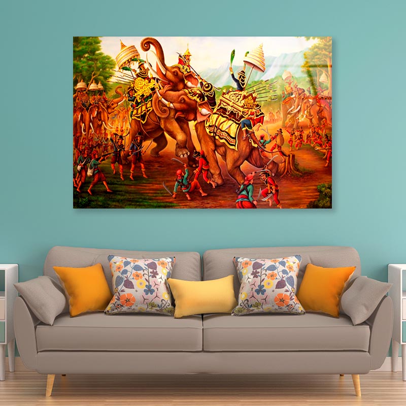 Military War Elephants Painting on Wall in The Temple. At Thailand Acrylic Glass Print Tempered Glass Wall Art 100% Made in Australia Ready to Hang