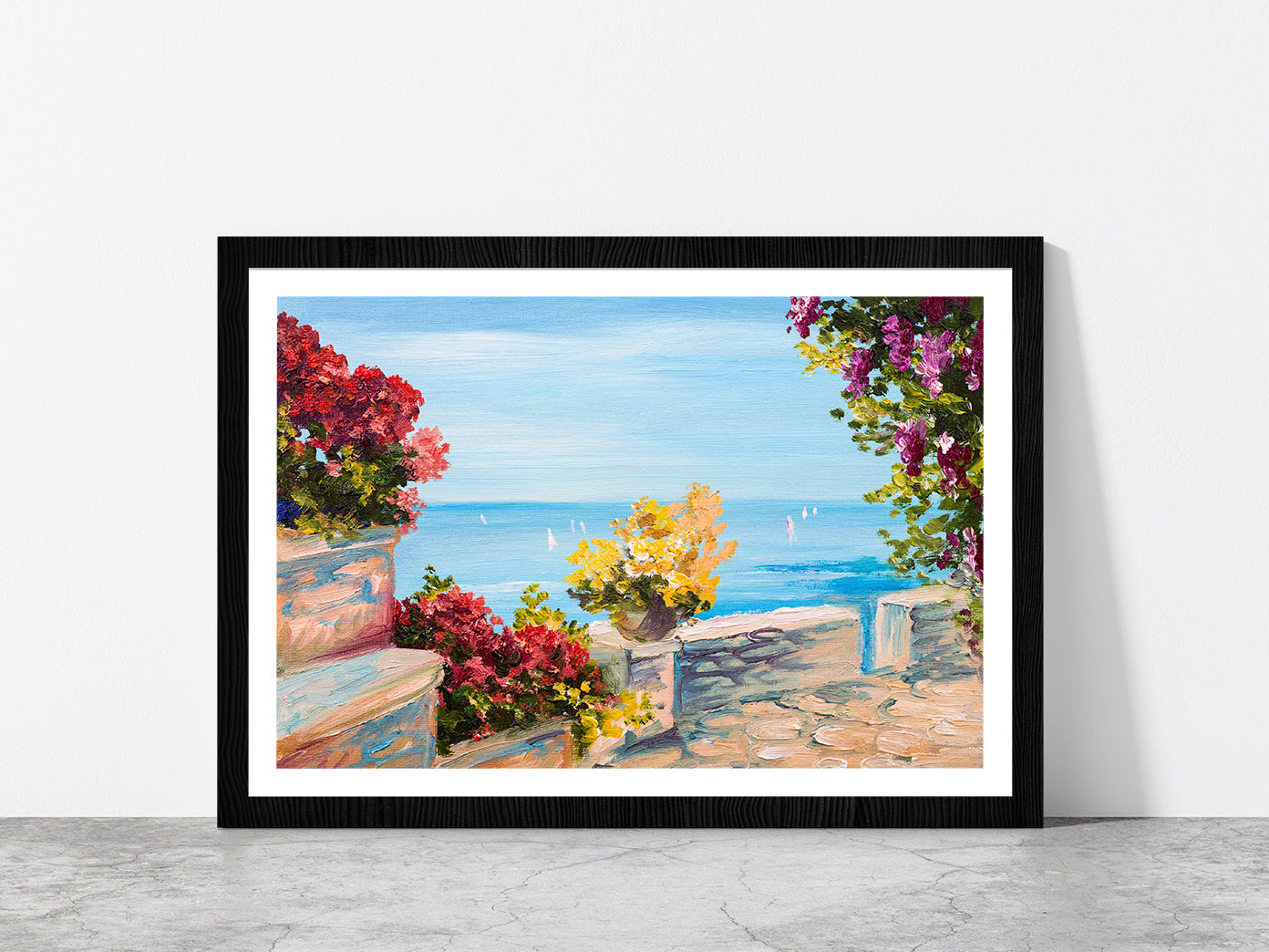 Terrace Near The Sea With Flowers Garden Glass Framed Wall Art, Ready to Hang Quality Print With White Border Black