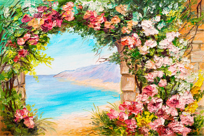 Flowers Arch Near The Sea Glass Framed Wall Art, Ready to Hang Quality Print