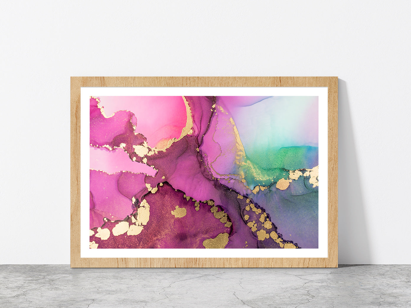 Pink & Gold Abstract Fluid Art Glass Framed Wall Art, Ready to Hang Quality Print With White Border Oak