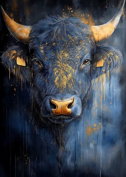 Abstract Gold Horn Blue Bull 60x90cm Metal Print Ready to Hang - Bella Home Decor