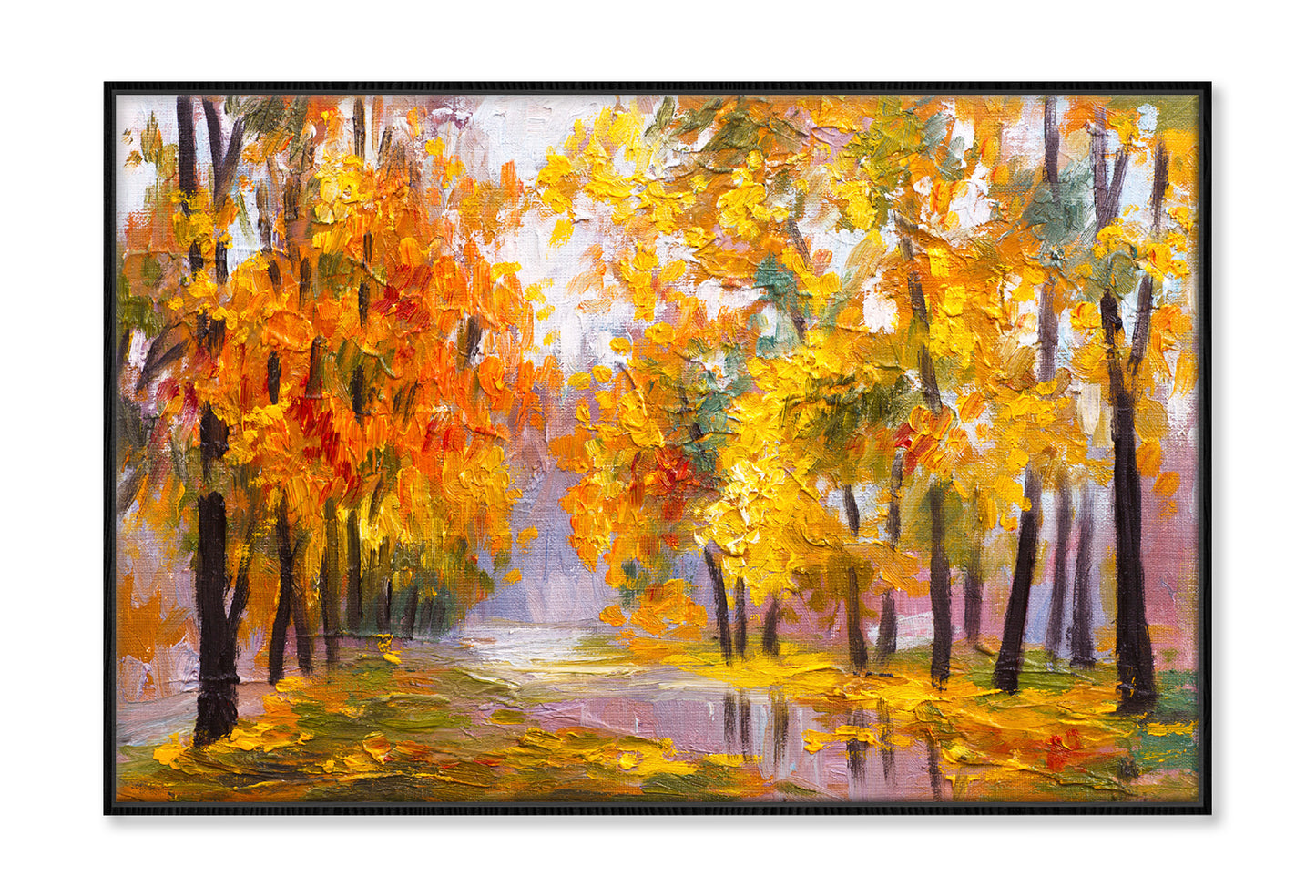 Autumn Forest with Fallen Leaves Trees Oil Painting Wall Art Limited Edition High Quality Print Canvas Box Framed Black