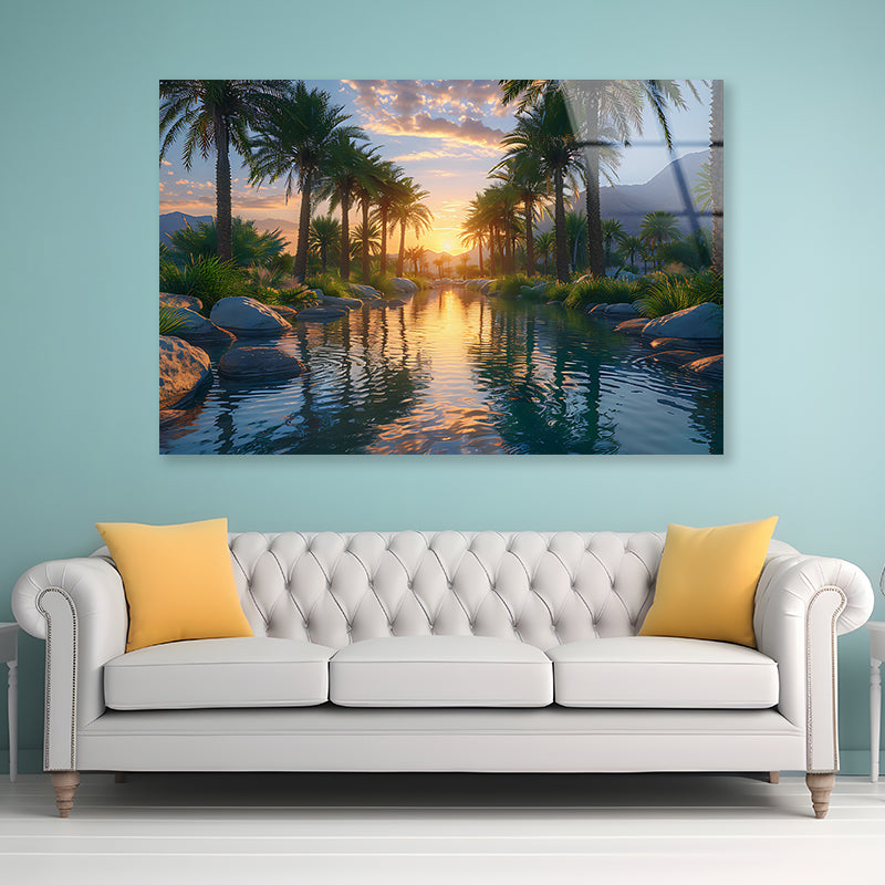 Trees in the River with Mountains Acrylic Glass Print Tempered Glass Wall Art 100% Made in Australia Ready to Hang - Bella Home Decor