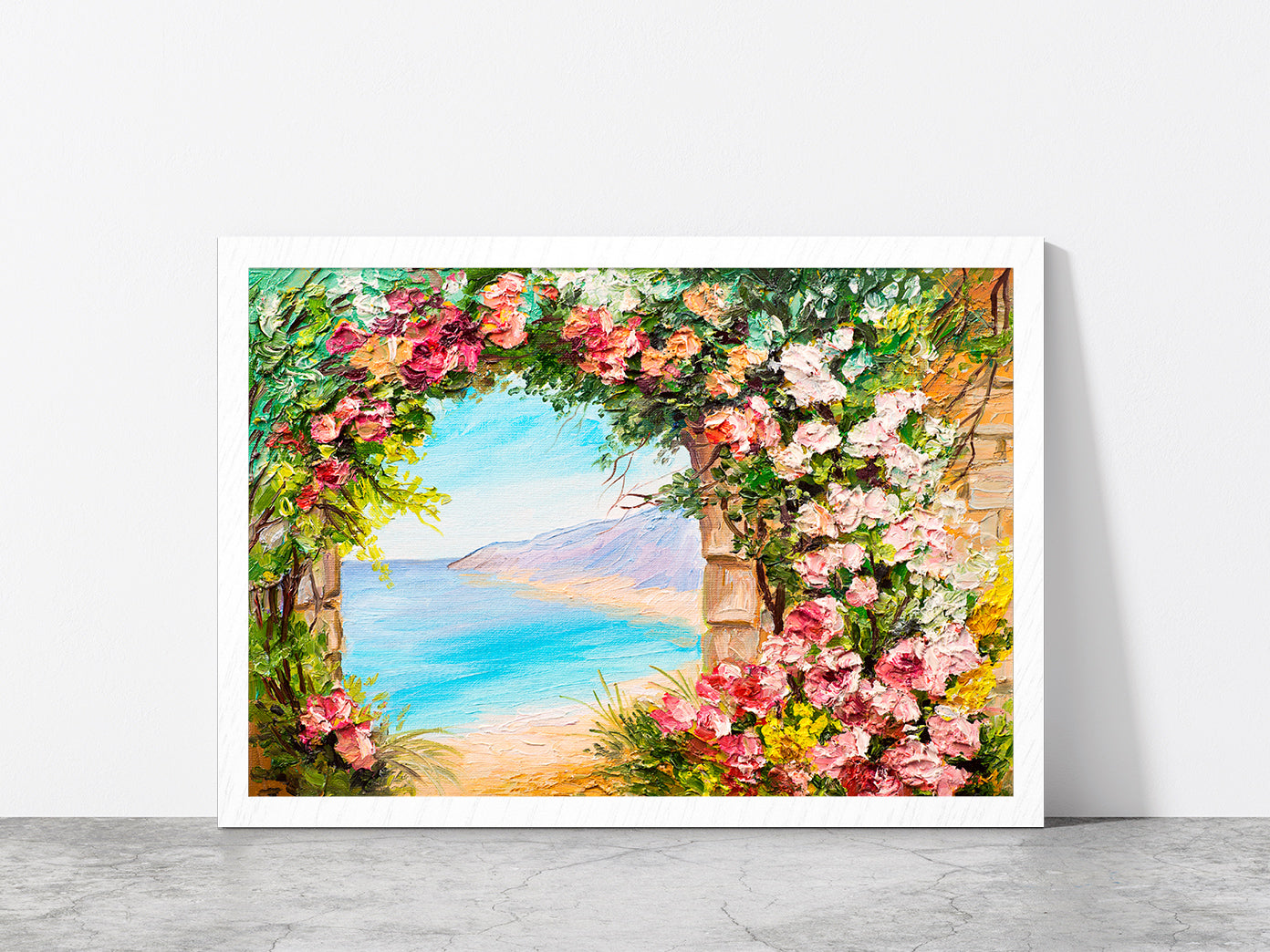 Flowers Arch Near The Sea Glass Framed Wall Art, Ready to Hang Quality Print Without White Border White