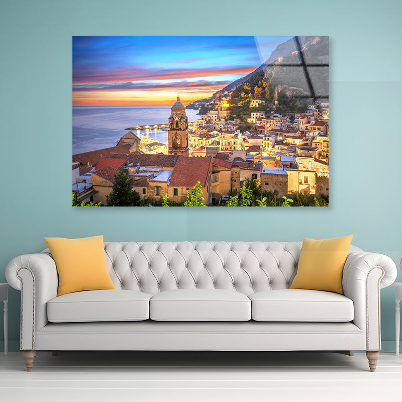 Blue & Orange Sky in Amalfi Coast Acrylic Glass Print Tempered Glass Wall Art 100% Made in Australia Ready to Hang - Bella Home Decor