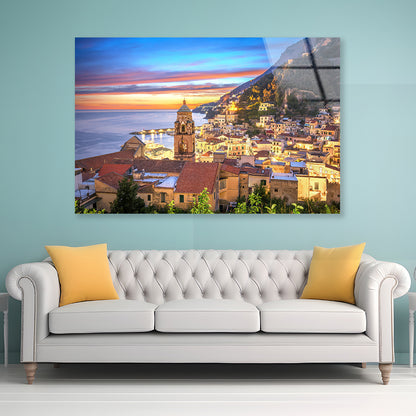 Blue & Orange Sky in Amalfi Coast Acrylic Glass Print Tempered Glass Wall Art 100% Made in Australia Ready to Hang - Bella Home Decor