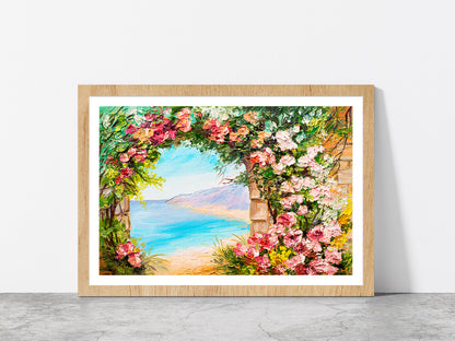 Flowers Arch Near The Sea Glass Framed Wall Art, Ready to Hang Quality Print With White Border Oak