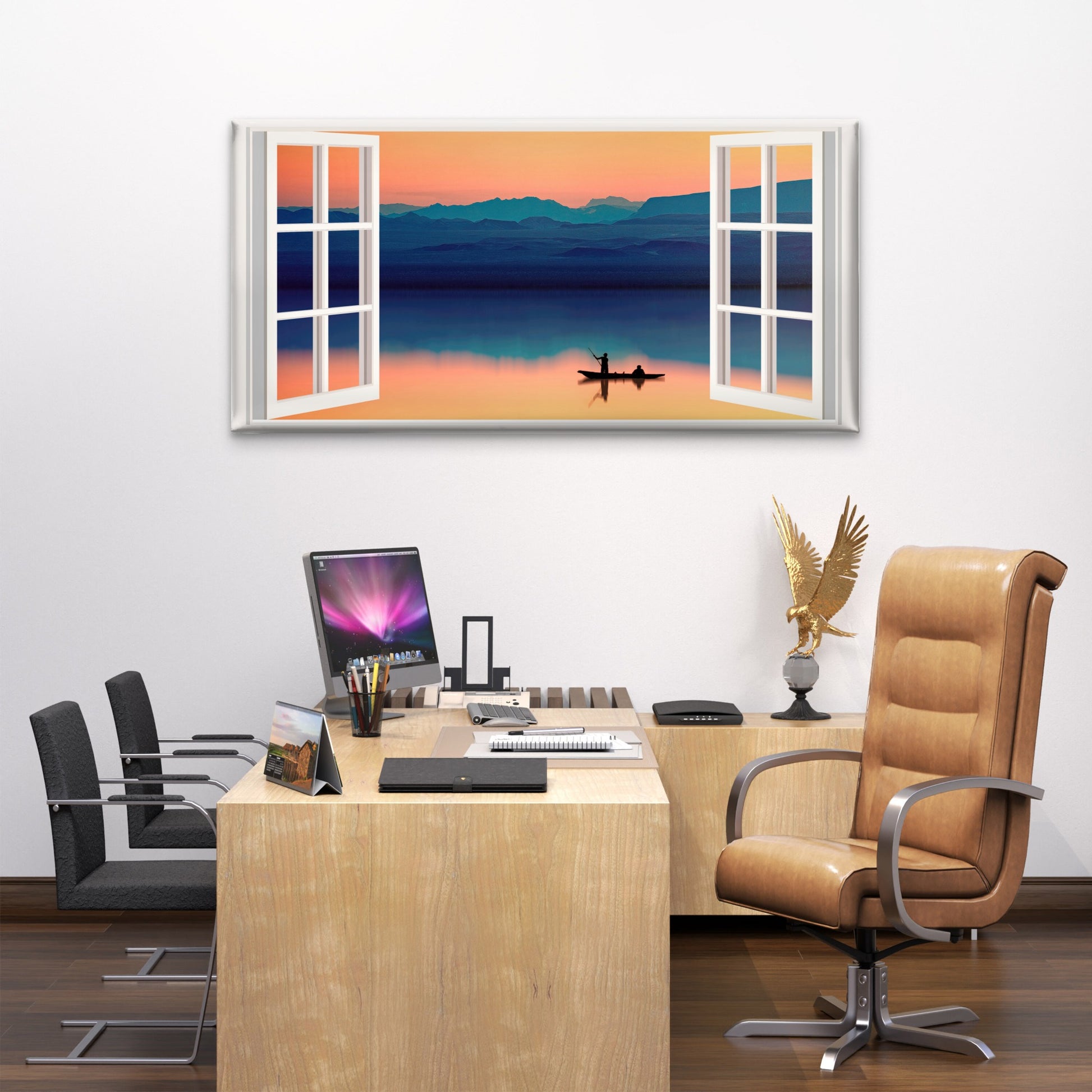 Sunset Lake Boat Silhouette Wall Art Canvas Office Home Room Framed 120x60cm - Bella Home Decor