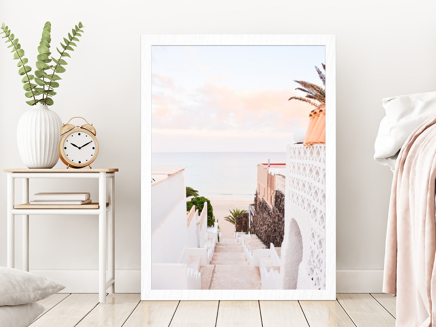 Stairs to Sea & House View Photograph Glass Framed Wall Art, Ready to Hang Quality Print Without White Border White