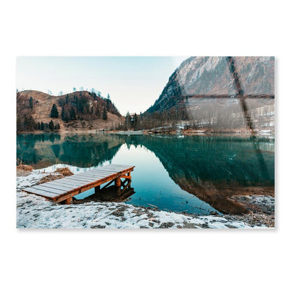 Mountain Lake Landscape & Wooden Pier Acrylic Glass Print Tempered Glass Wall Art 100% Made in Australia Ready to Hang - Bella Home Decor