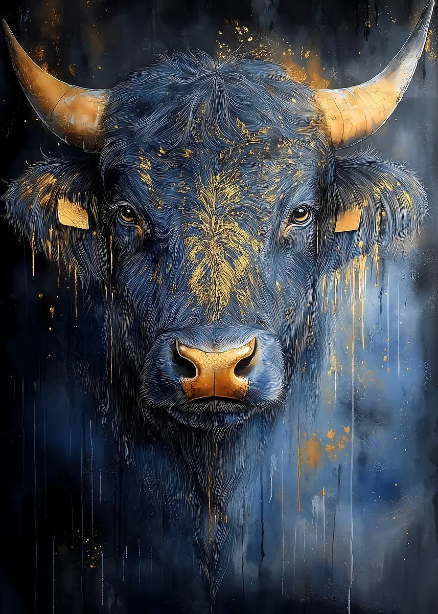 Abstract Gold Horn Blue Bull 40x60cm Metal Print Ready to Hang - Bella Home Decor