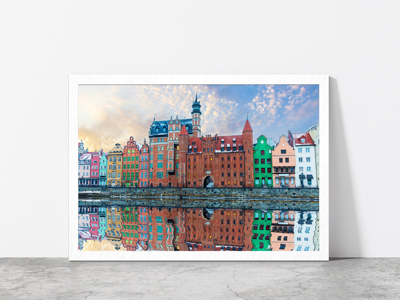 Colorful Buildings & Motlawa River Glass Framed Wall Art, Ready to Hang Quality Print Without White Border White